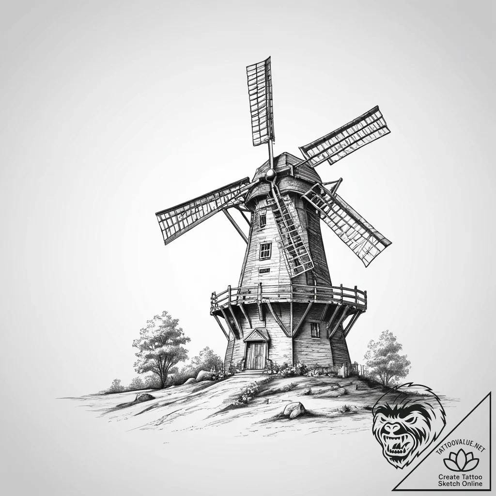 The interior of a working, historic windmill.... - tattoo sketch (№1753917192_0, 30.07.2025 23:13) — tattoovalue.net
