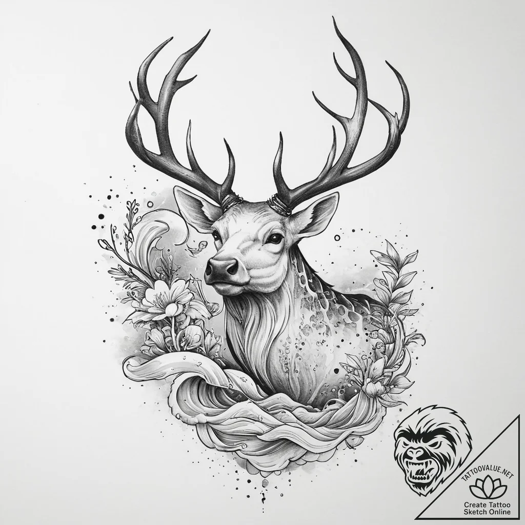 Elk, artistic tattoo sketch, on a clean white... - tattoo sketch (№1753917799_0, 30.07.2025 23:23) — tattoovalue.net