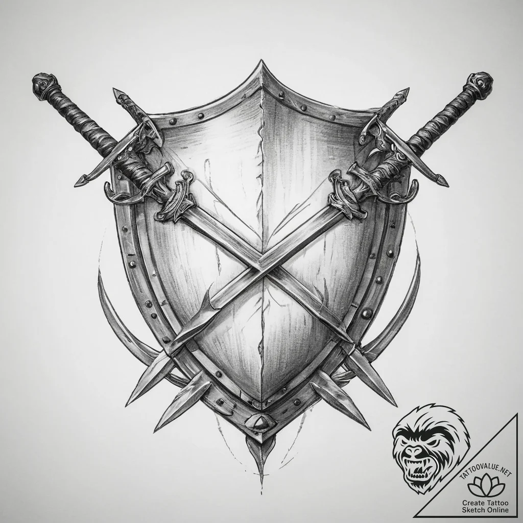 Tattoo design a shield with two crossing swor... - tattoo sketch (№1753918195_0, 30.07.2025 23:29) — tattoovalue.net