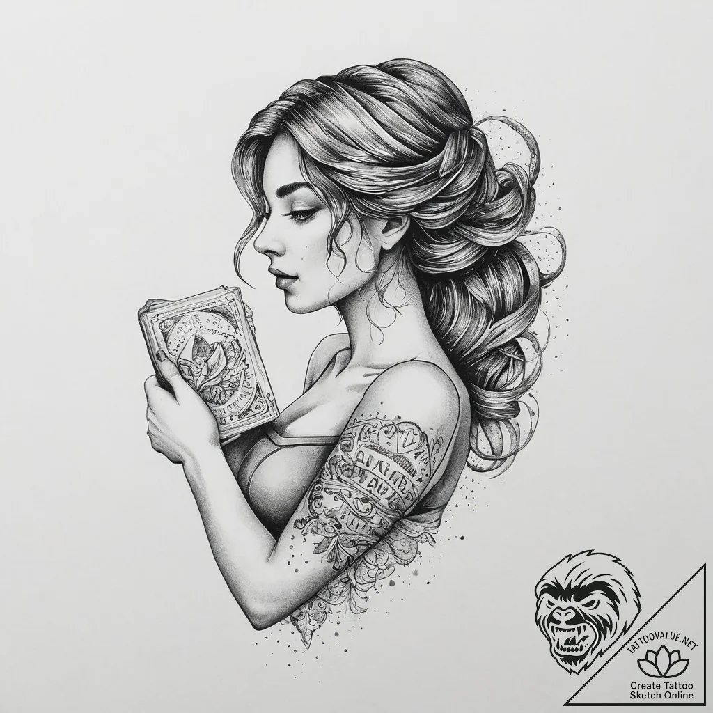 Tattoo design a virgo maiden, holding a book... - tattoo sketch (№1753919014_0, 30.07.2025 23:43) — tattoovalue.net