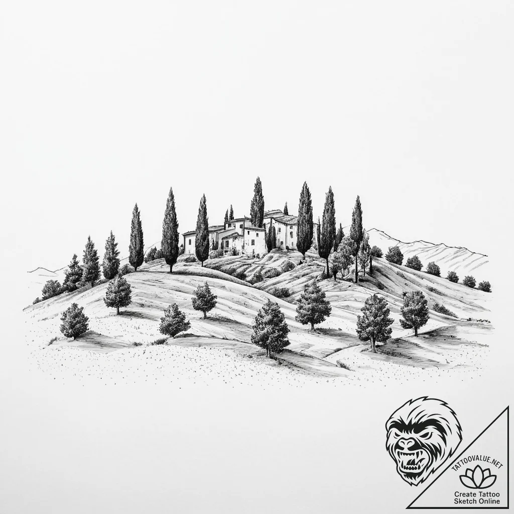 A wide shot of the rolling, green hills of tu... - tattoo sketch (№1753919412_0, 30.07.2025 23:50) — tattoovalue.net