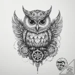 Steampunk owl with gear-feathers – tattoo sketch (№1753921196_0, 31.07.2025 00:19) — tattoovalue.net