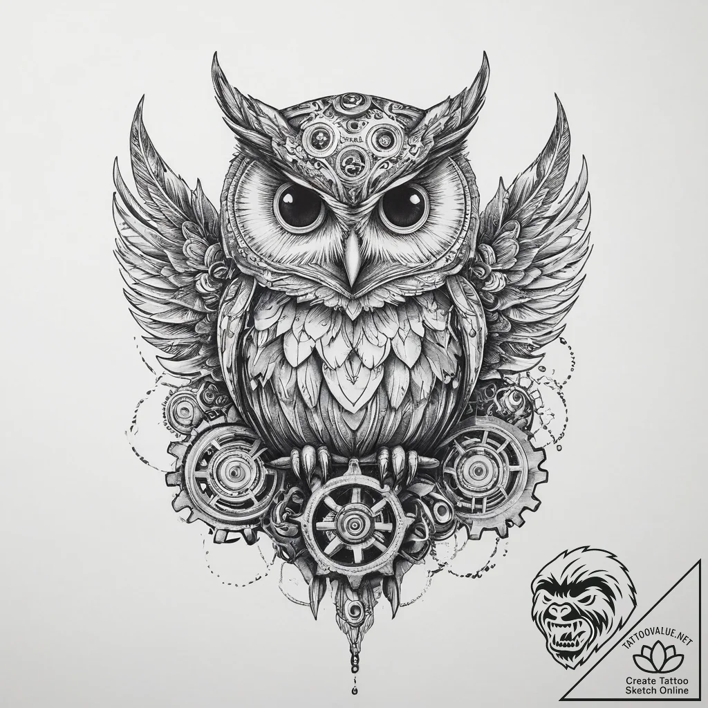 Steampunk owl with gear-feathers - tattoo sketch (№1753921196_0, 31.07.2025 00:19) — tattoovalue.net