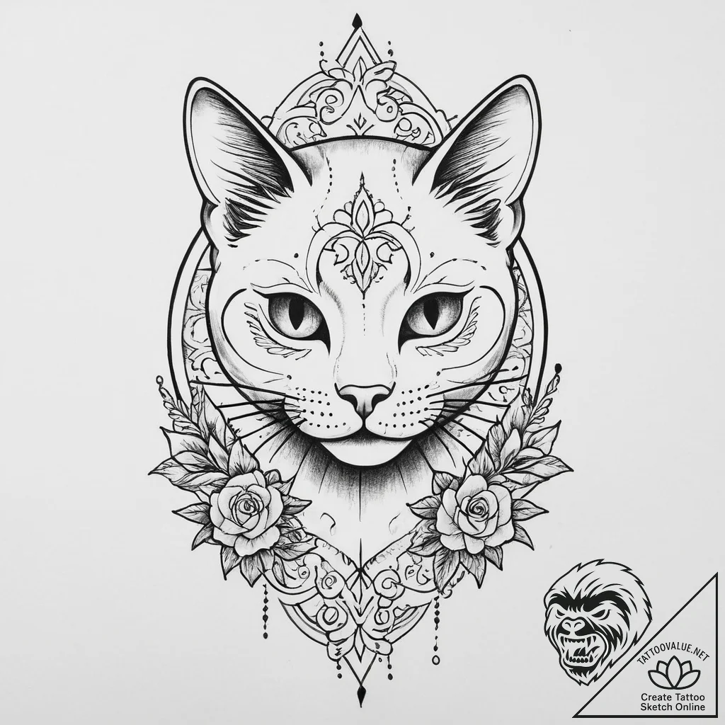 Cat, tattoo flash sheet design, black outline... - tattoo sketch (№1753921587_0, 31.07.2025 00:26) — tattoovalue.net