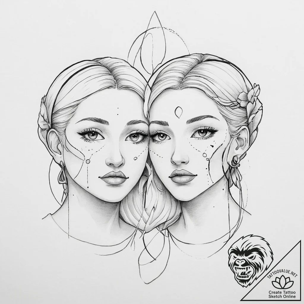 Tattoo sketch gemini faces, one in linework,... - tattoo sketch (№1753922378_0, 31.07.2025 00:39) — tattoovalue.net