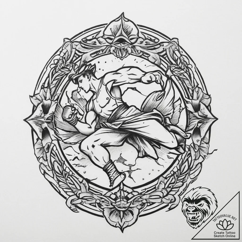 Tattoo sketch a silhouette of a fighter mid-k... - tattoo sketch (№1753924553_0, 31.07.2025 01:15) — tattoovalue.net