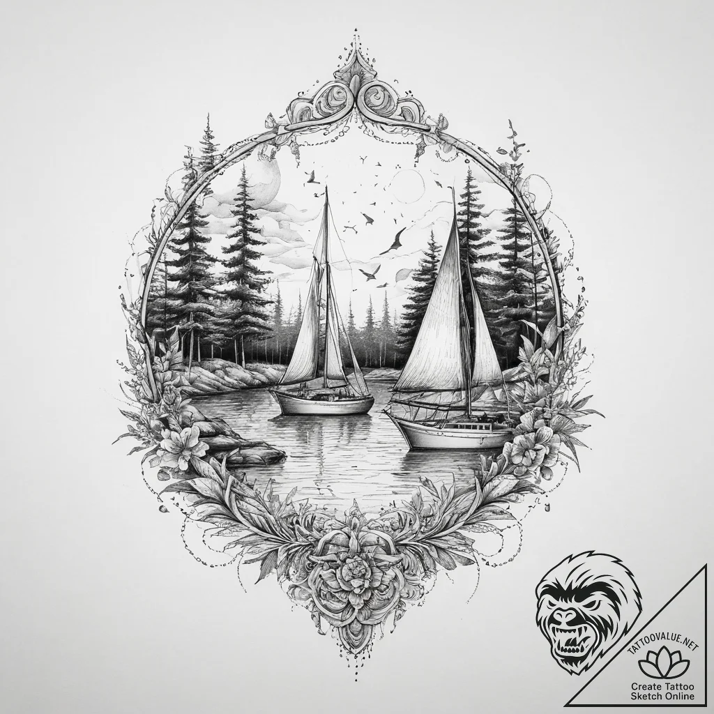 A shot of a harbor filled with sailboats, the... - tattoo sketch (№1753924753_0, 31.07.2025 01:19) — tattoovalue.net