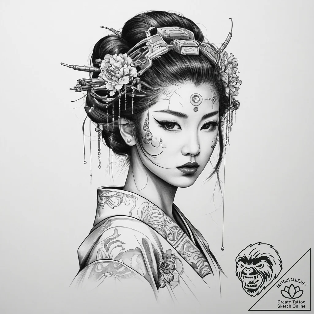 Cyborg geisha - tattoo sketch (№1753929078_0, 31.07.2025 02:31) — tattoovalue.net