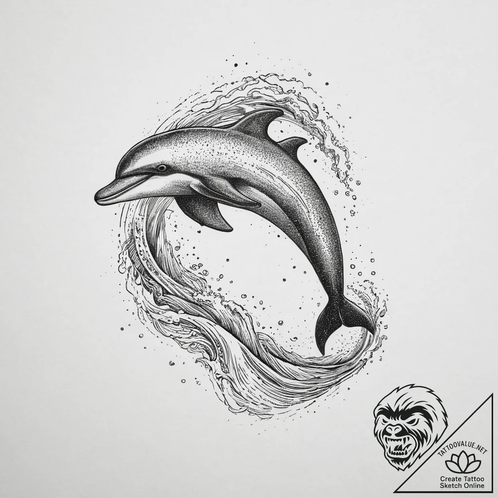 A playful dolphin leaping out of the ocean wa... - tattoo sketch (№1753930455_0, 31.07.2025 02:54) — tattoovalue.net