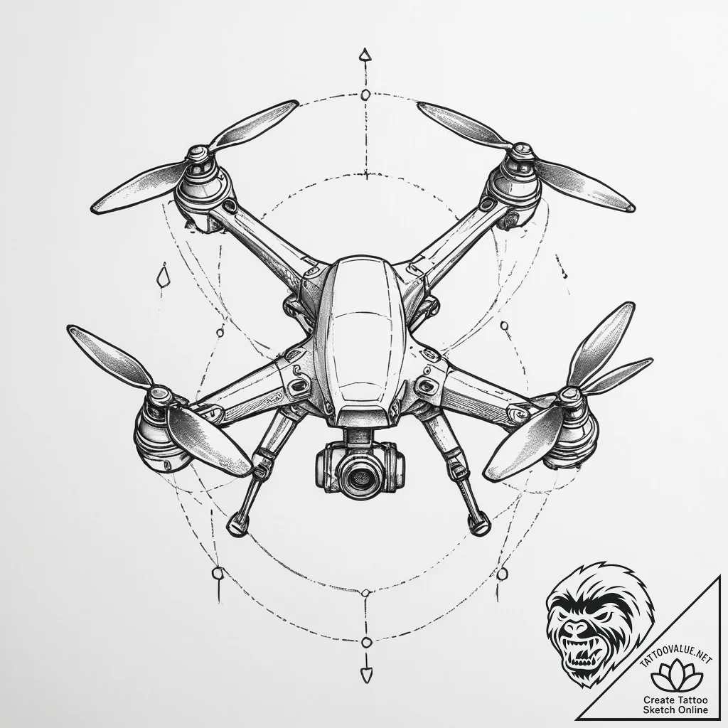 Tattoo sketch a stylized drone, vigilant and... - tattoo sketch (№1753930654_0, 31.07.2025 02:57) — tattoovalue.net