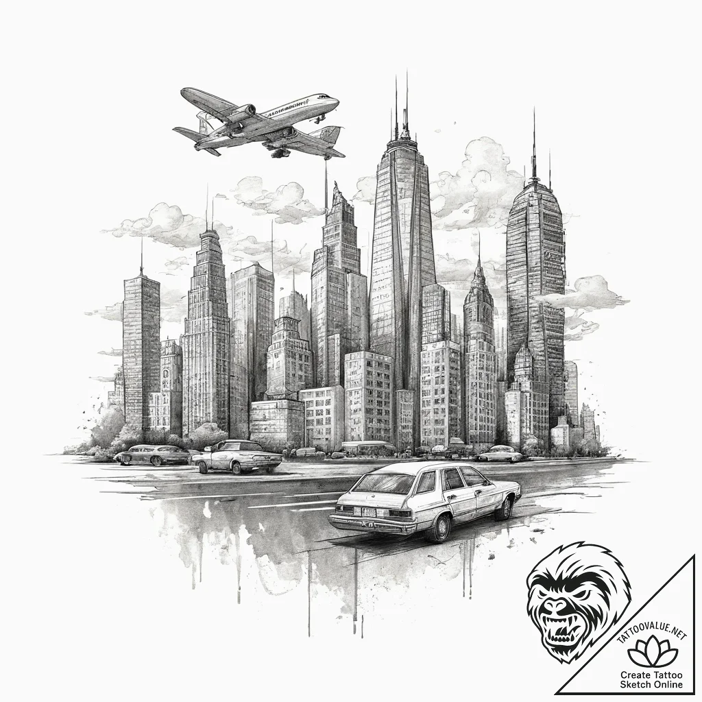 Tattoo design a retro pixelated cityscape wit... - tattoo sketch (№1753934359_0, 31.07.2025 03:59) — tattoovalue.net