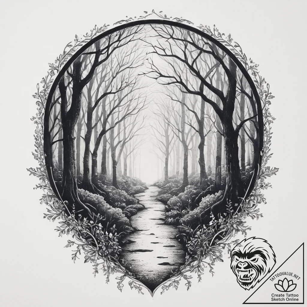 Tattoo design a misty, dreamlike pathway thro... - tattoo sketch (№1753934747_0, 31.07.2025 04:05) — tattoovalue.net