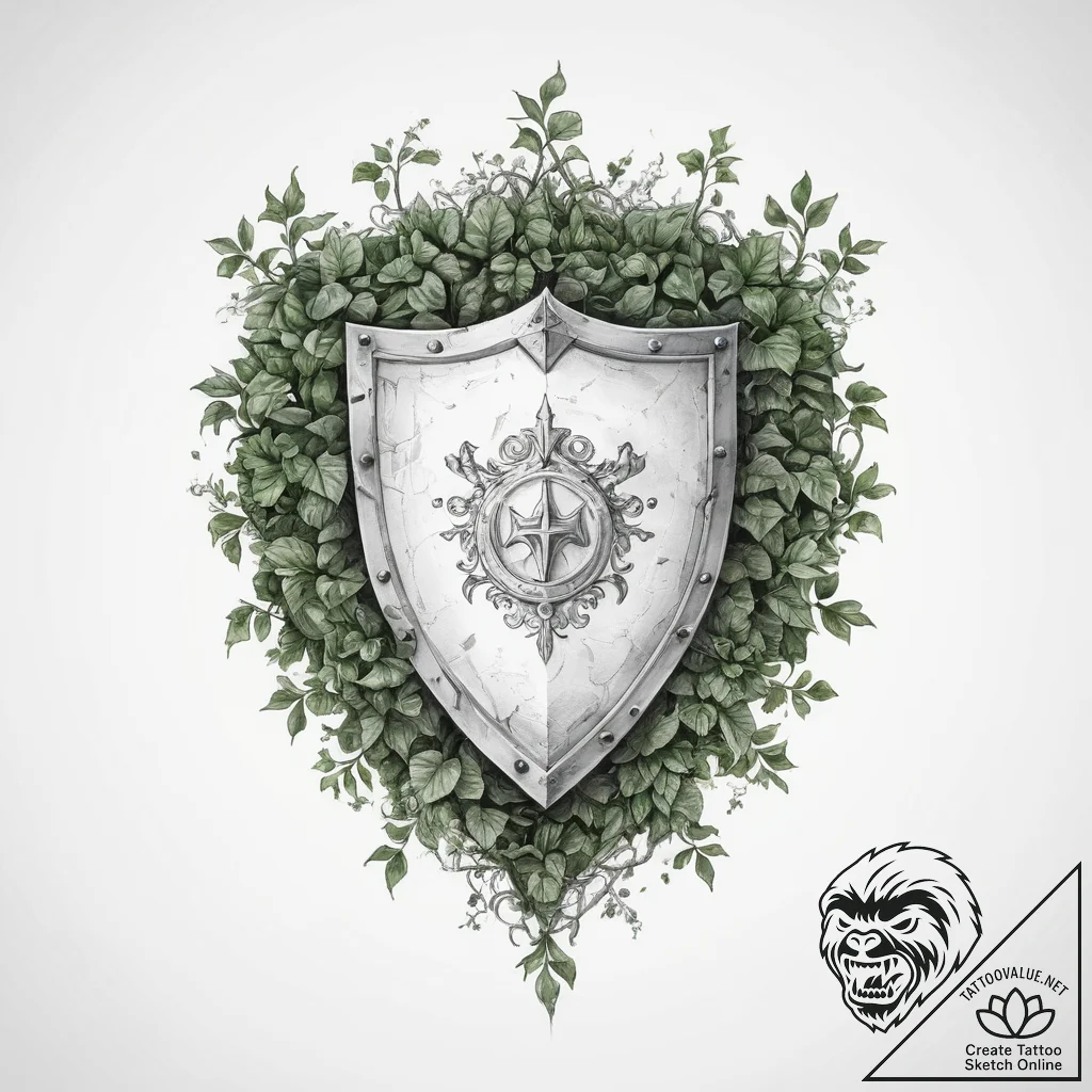 Tattoo design a warrior's shield overgrown wi... - tattoo sketch (№1753934945_0, 31.07.2025 04:09) — tattoovalue.net