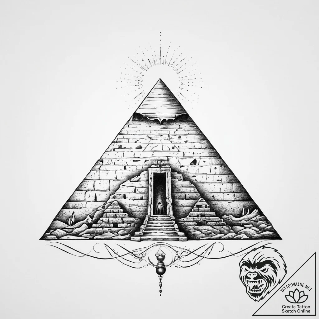 Tattoo design an ancient pyramid with glowing... - tattoo sketch (№1753935925_0, 31.07.2025 04:25) — tattoovalue.net