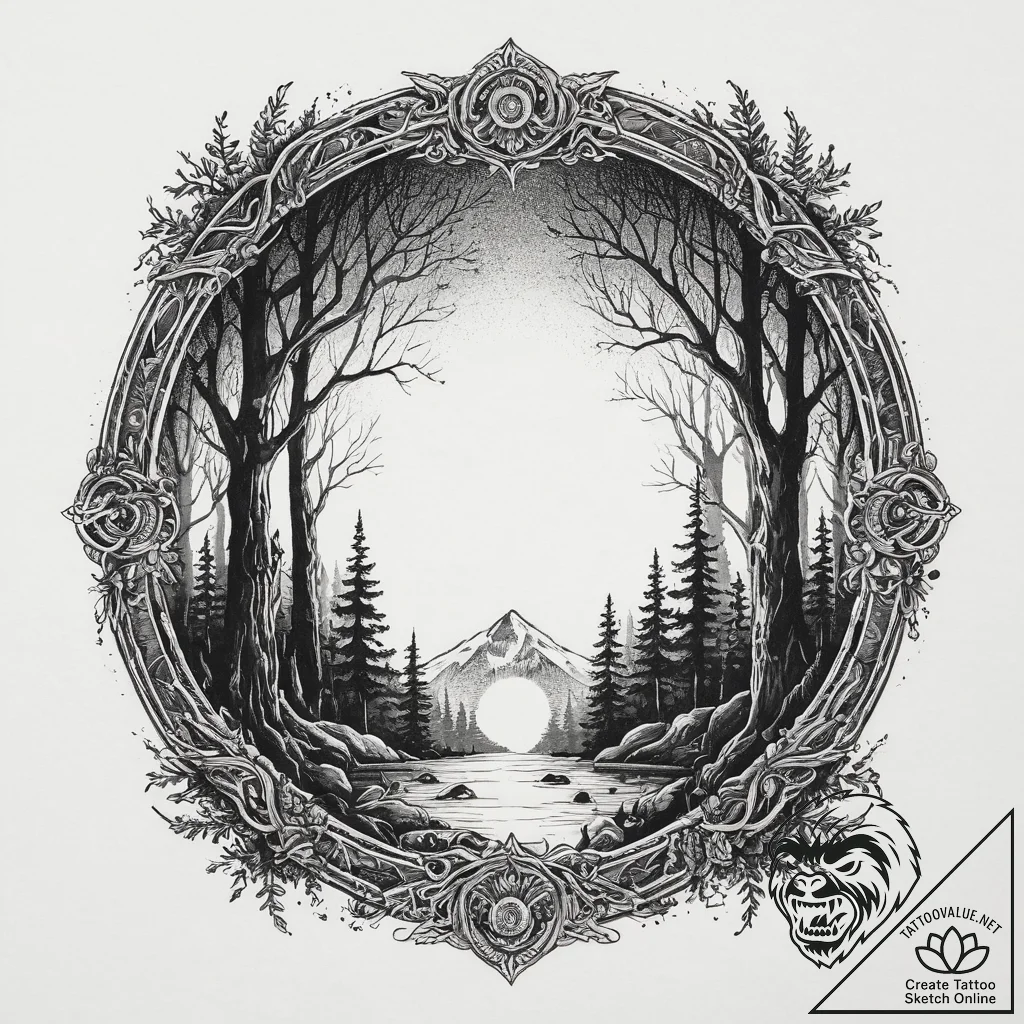 Tattoo sketch a glowing portal frame in a dar... - tattoo sketch (№1753936512_0, 31.07.2025 04:35) — tattoovalue.net