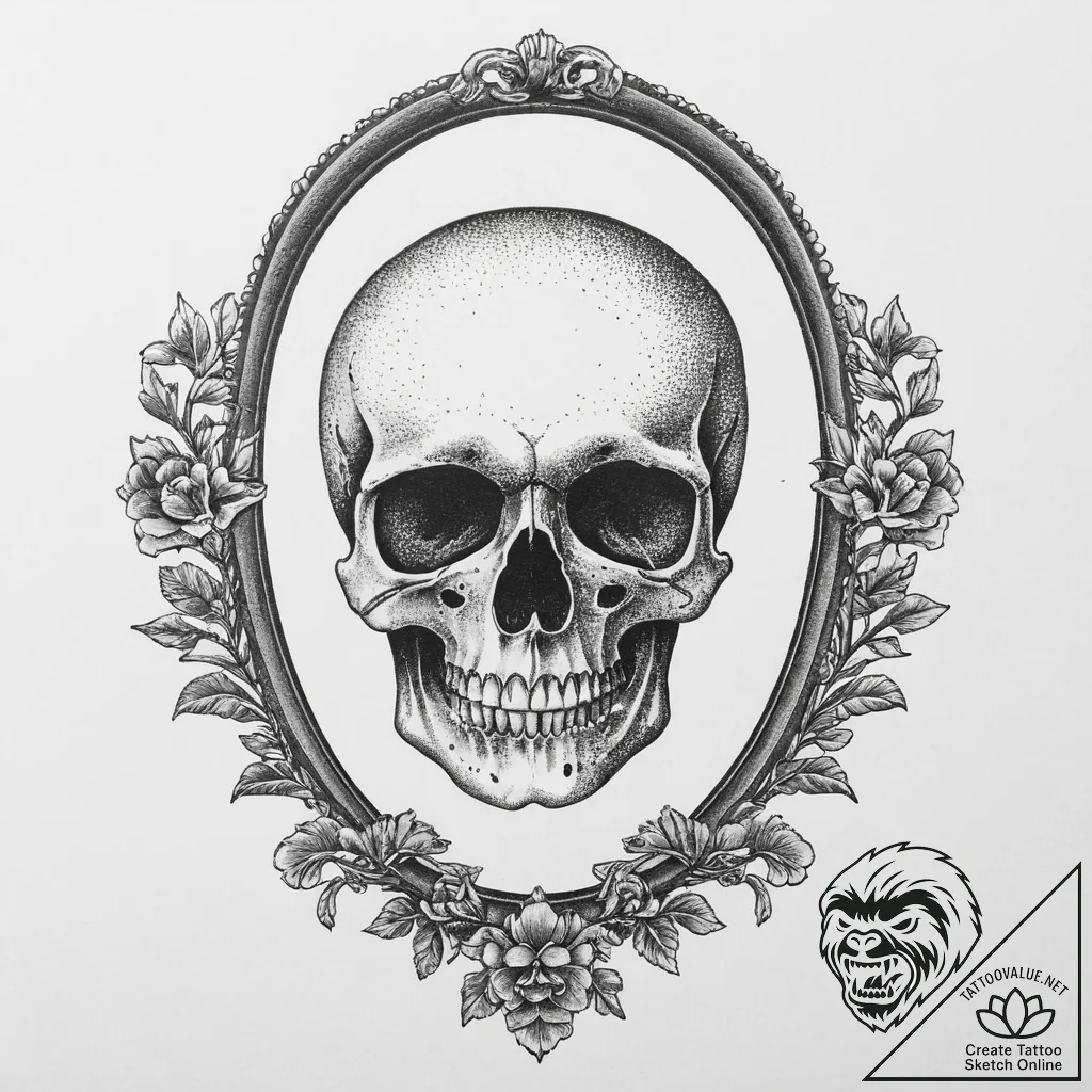 Skull in mirror, tattoo sketch design, dotwor... - tattoo sketch (№1753942184_0, 31.07.2025 06:09) — tattoovalue.net