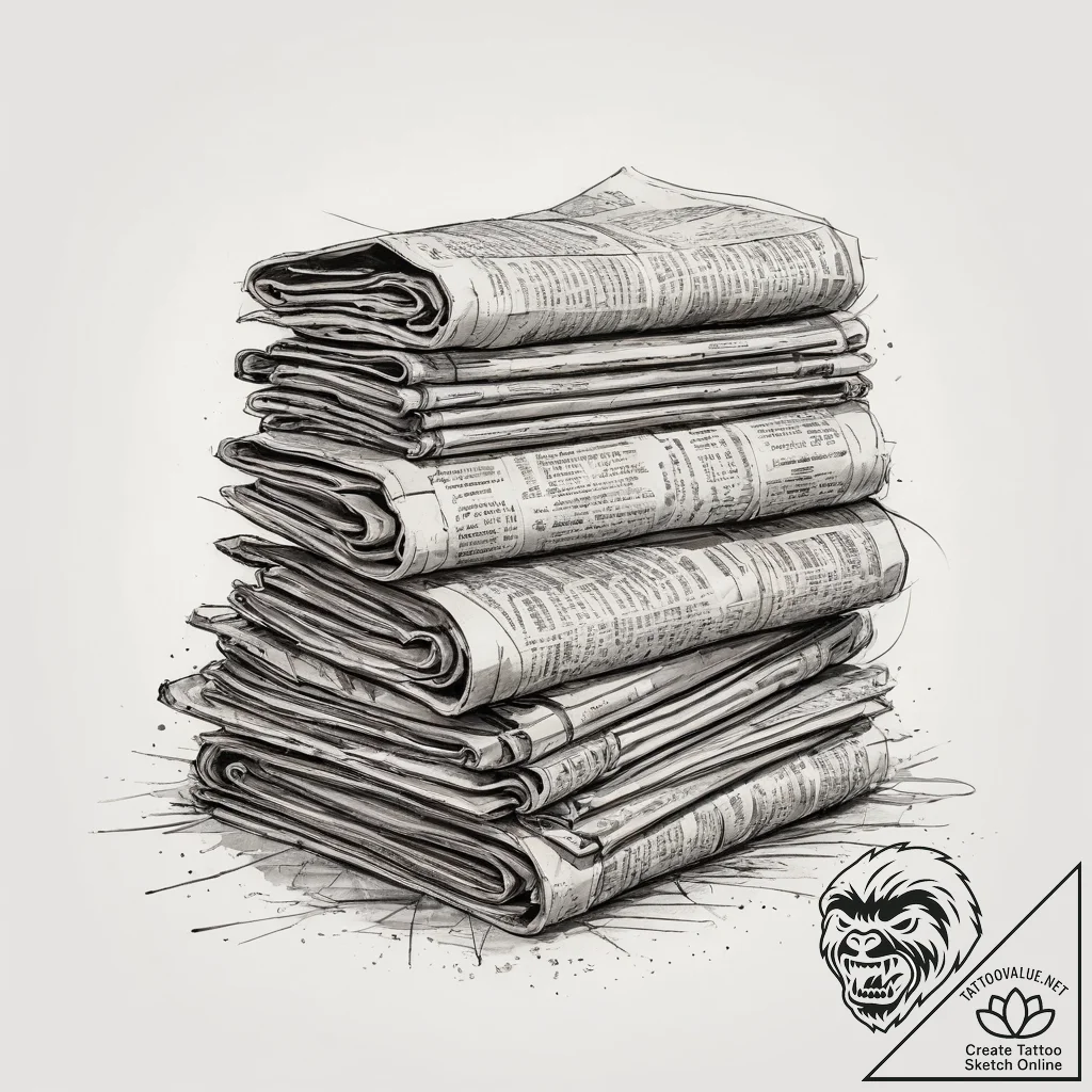 A close-up of a stack of old, yellowed newspa... - tattoo sketch (№1753944138_0, 31.07.2025 06:42) — tattoovalue.net