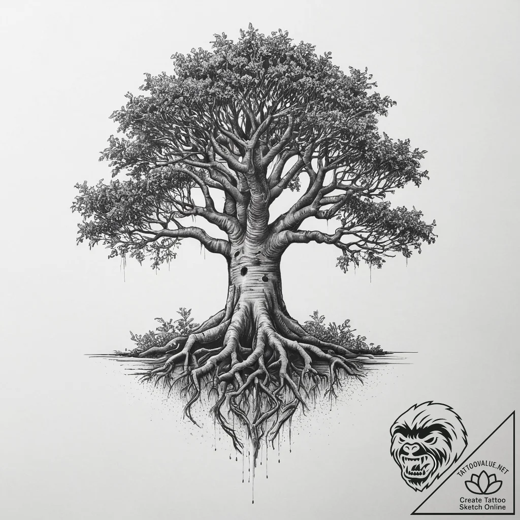 Tattoo design a powerful, ancient banyan tree... - tattoo sketch (№1753946098_0, 31.07.2025 07:14) — tattoovalue.net