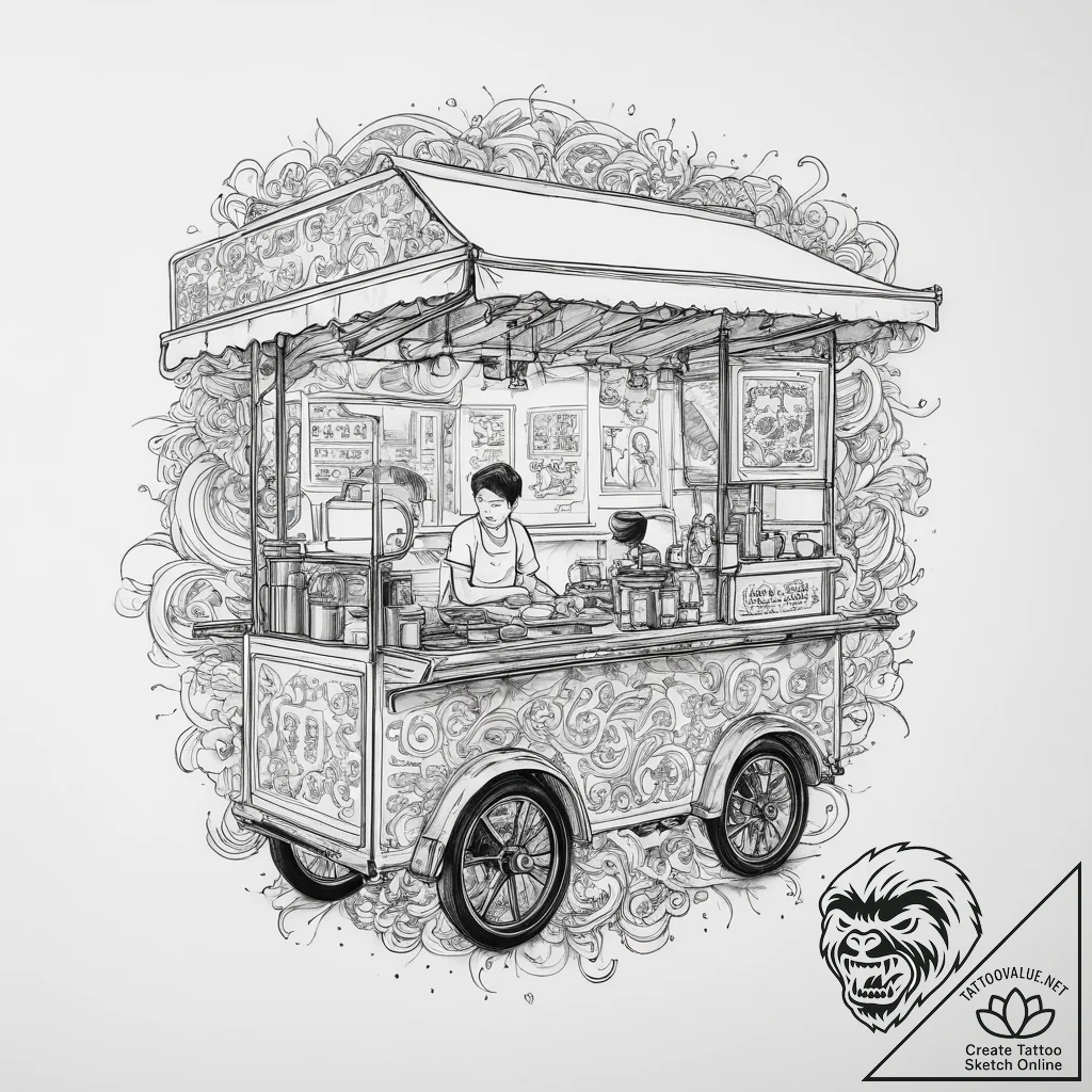 A street food vendor serving noodles from a c... - tattoo sketch (№1753953673_0, 31.07.2025 09:21) — tattoovalue.net