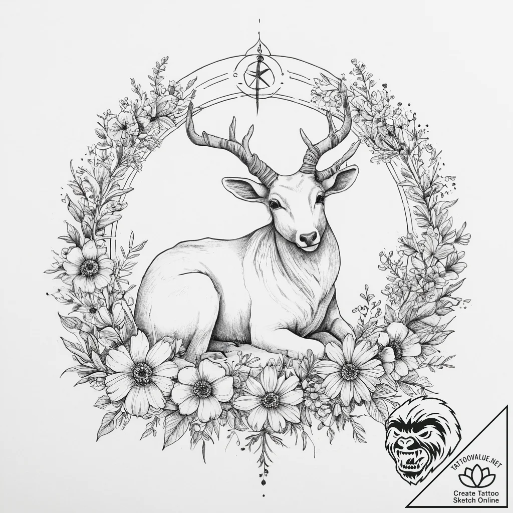 Tattoo sketch a zodiac animal resting among a... - tattoo sketch (№1753954851_0, 31.07.2025 09:40) — tattoovalue.net