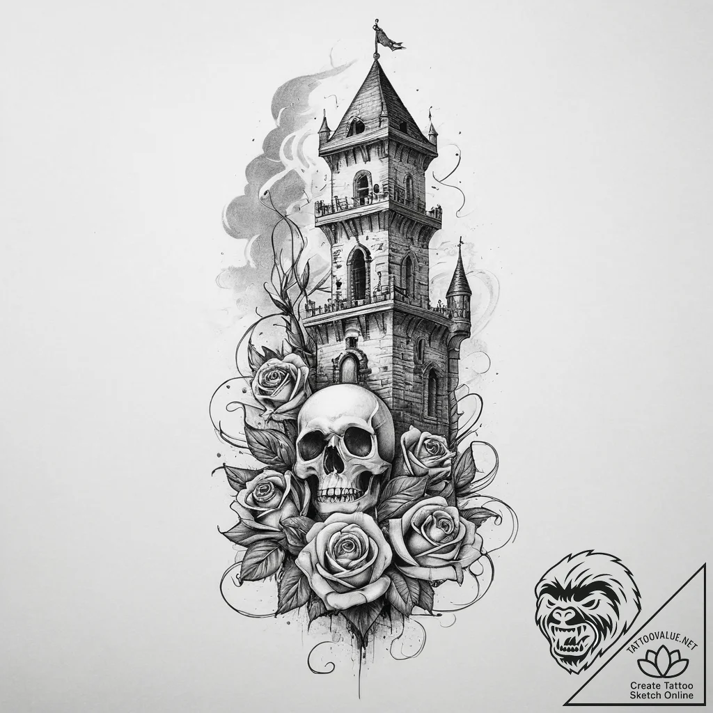Tattoo sketch a sturdy castle tower standing... - tattoo sketch (№1753955434_0, 31.07.2025 09:50) — tattoovalue.net