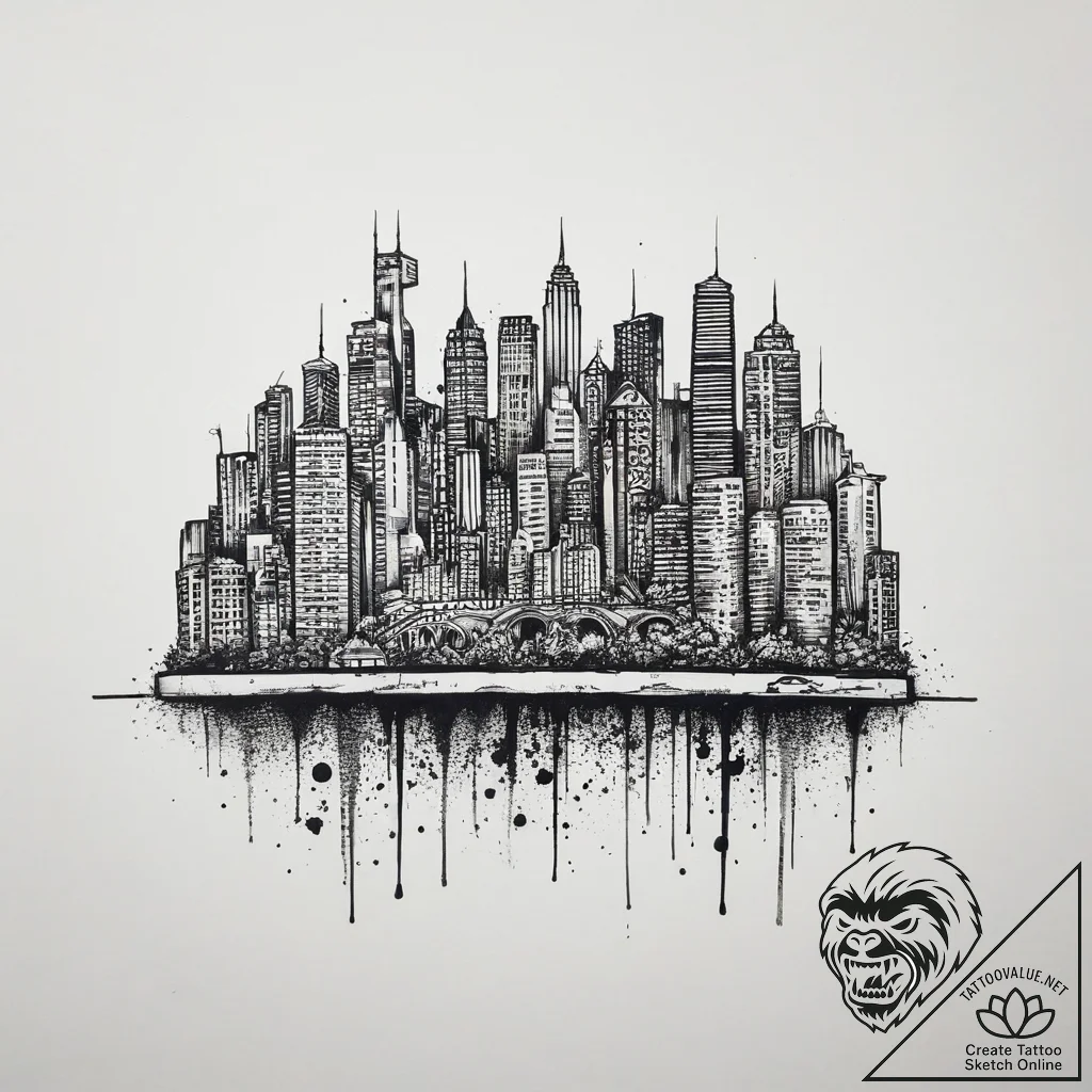 A barcode that morphs into a cityscape, artis... - tattoo sketch (№1753957585_0, 31.07.2025 10:26) — tattoovalue.net