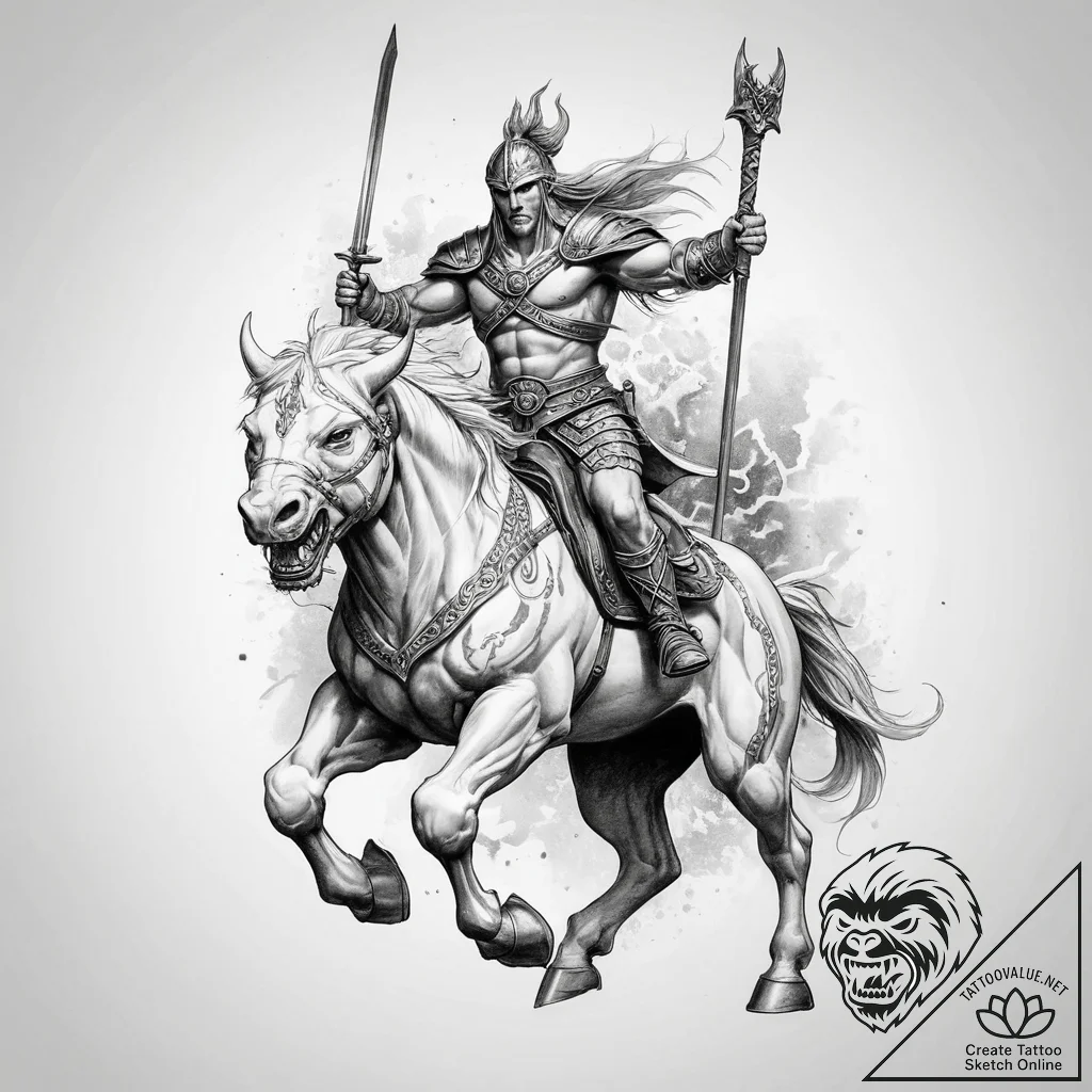 Tattoo sketch a mythical warrior riding a pow... - tattoo sketch (№1753958170_0, 31.07.2025 10:36) — tattoovalue.net