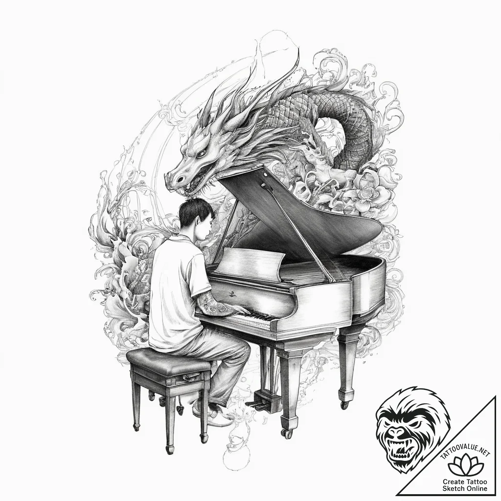 A person playing a grand piano in an empty co... - tattoo sketch (№1753959934_0, 31.07.2025 11:05) — tattoovalue.net