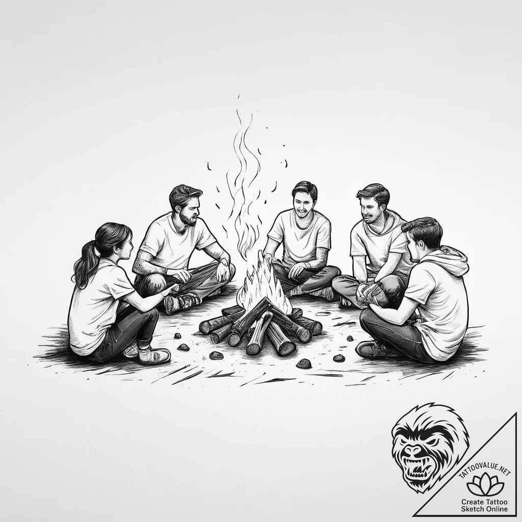 A group of people around a campfire, telling... - tattoo sketch (№1753960322_0, 31.07.2025 11:12) — tattoovalue.net