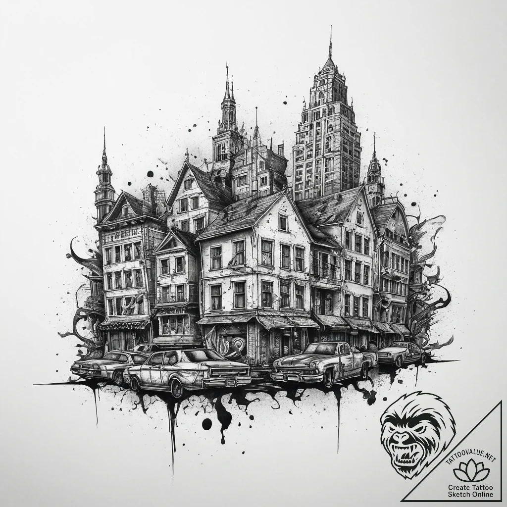 Tattoo sketch a post-apocalyptic cityscape wi... - tattoo sketch (№1753960517_0, 31.07.2025 11:15) — tattoovalue.net
