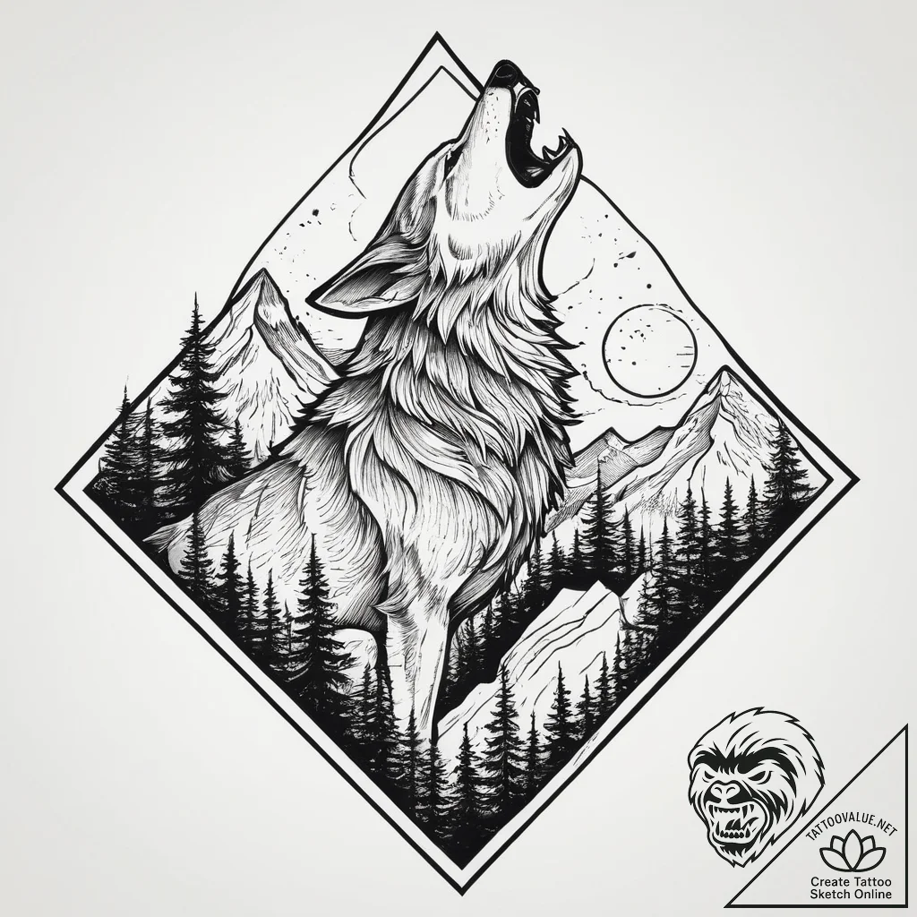 Tattoo design a wolf howling victoriously on... - tattoo sketch (№1753960716_0, 31.07.2025 11:18) — tattoovalue.net