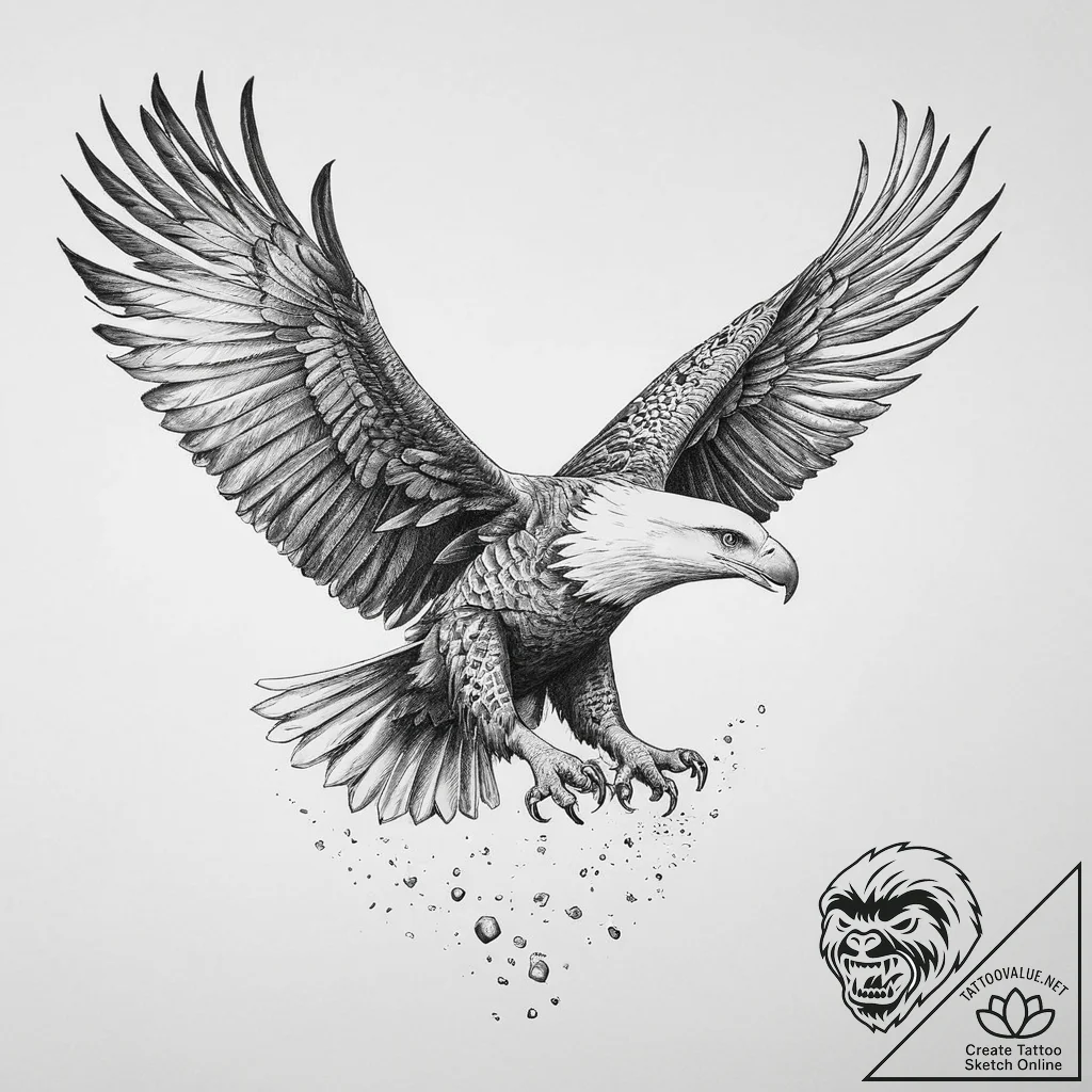 An eagle in flight, talons outstretched, abou... - tattoo sketch (№1753961306_0, 31.07.2025 11:28) — tattoovalue.net