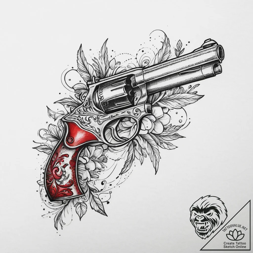 Pistol, tattoo line art, black and red ink, r... - tattoo sketch (№1753963851_0, 31.07.2025 12:10) — tattoovalue.net