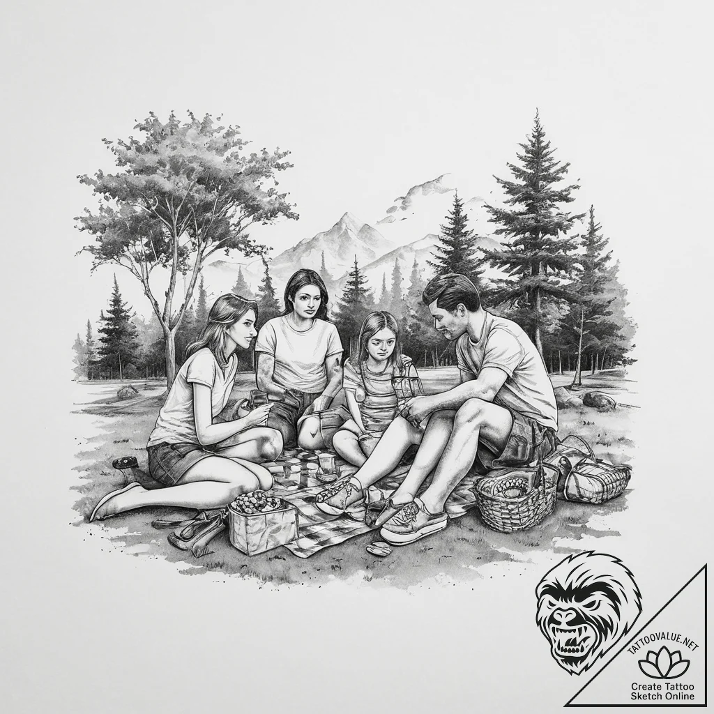 A grainy, faded color photo of a family havin... - tattoo sketch (№1753965419_0, 31.07.2025 12:36) — tattoovalue.net
