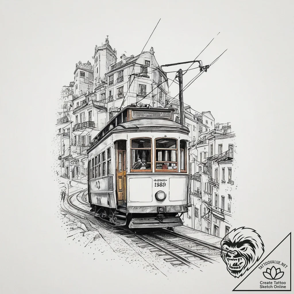 A vintage tram climbing a steep hill in lisbo... - tattoo sketch (№1753965616_0, 31.07.2025 12:40) — tattoovalue.net