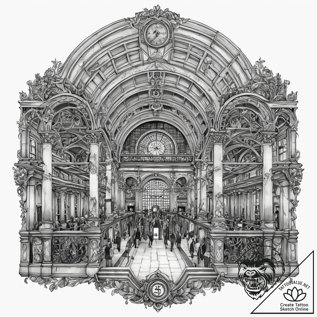 A crowded platform in a grand, old train stat... - tattoo sketch (№1753966773_0, 31.07.2025 12:59) — tattoovalue.net
