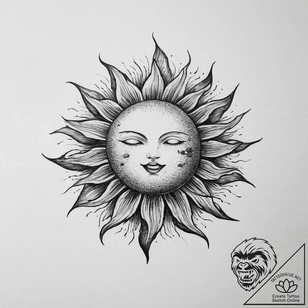Tattoo sketch a sun breaking through dark clo... - tattoo sketch (№1753967360_0, 31.07.2025 13:09) — tattoovalue.net