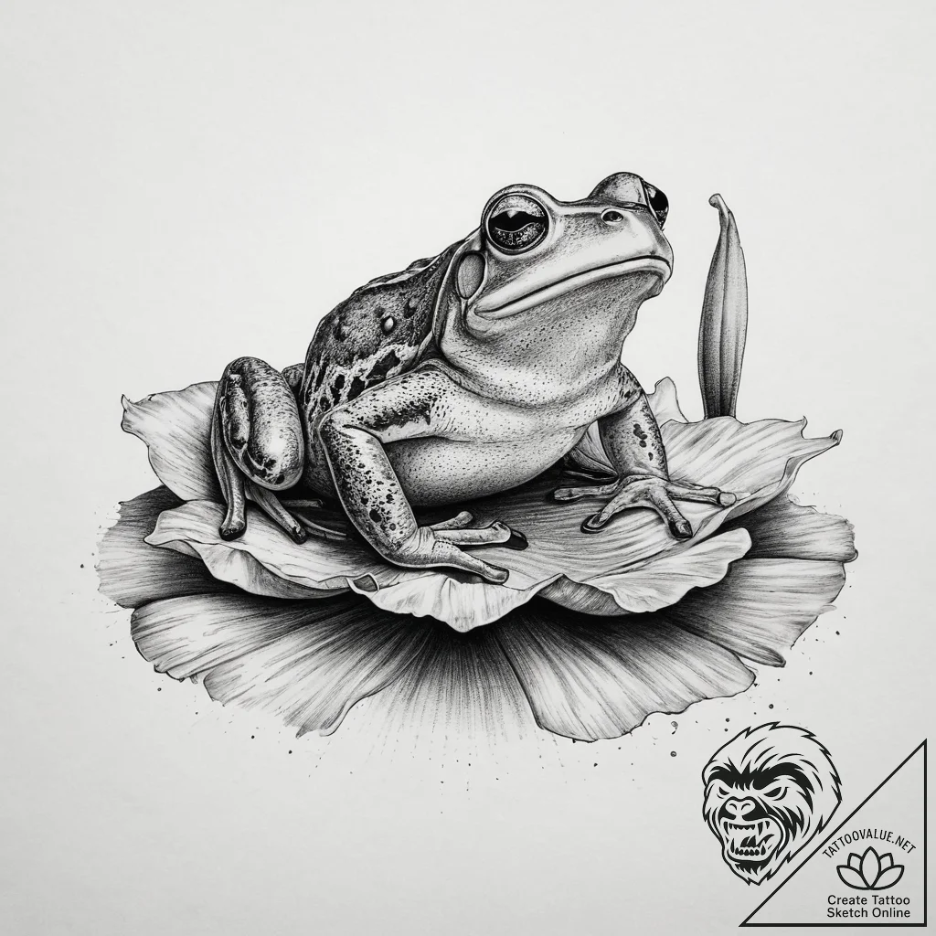 A photorealistic shot of a frog on a lily pad... - tattoo sketch (№1753967748_0, 31.07.2025 13:15) — tattoovalue.net