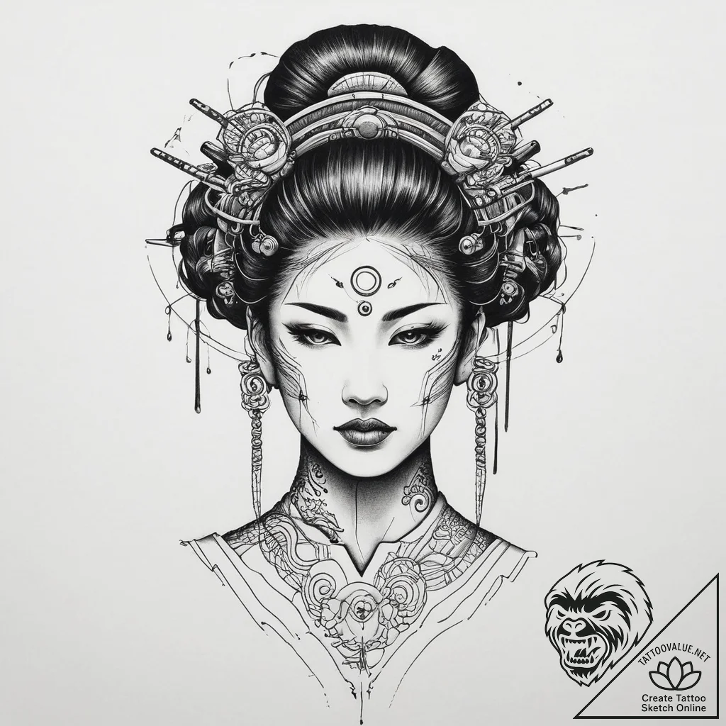 Cyborg geisha, concept art for tattoo, blackw... - tattoo sketch (№1753969106_0, 31.07.2025 13:38) — tattoovalue.net