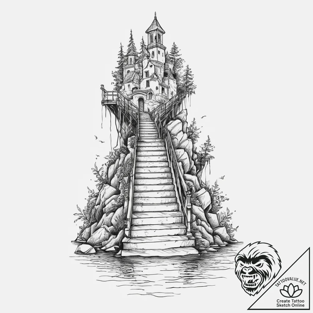 Stairway leading to a submerged city, ink ill... - tattoo sketch (№1753969297_0, 31.07.2025 13:41) — tattoovalue.net