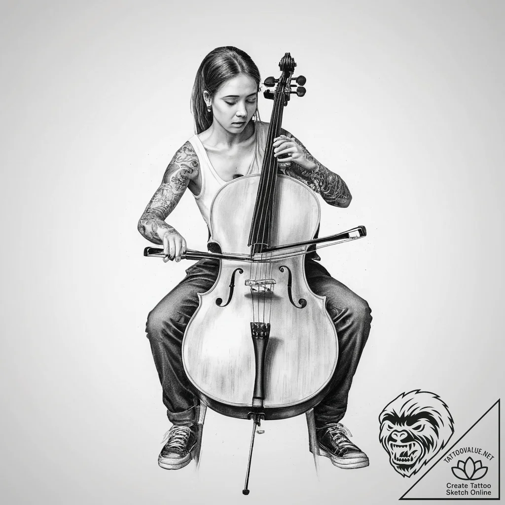 A person playing a cello with intense emotion... - tattoo sketch (№1753970657_0, 31.07.2025 14:04) — tattoovalue.net
