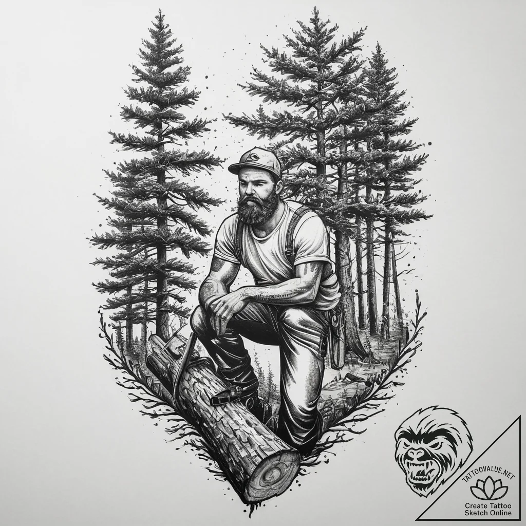 A shot of a lumberjack felling a large tree.,... - tattoo sketch (№1753971046_0, 31.07.2025 14:10) — tattoovalue.net