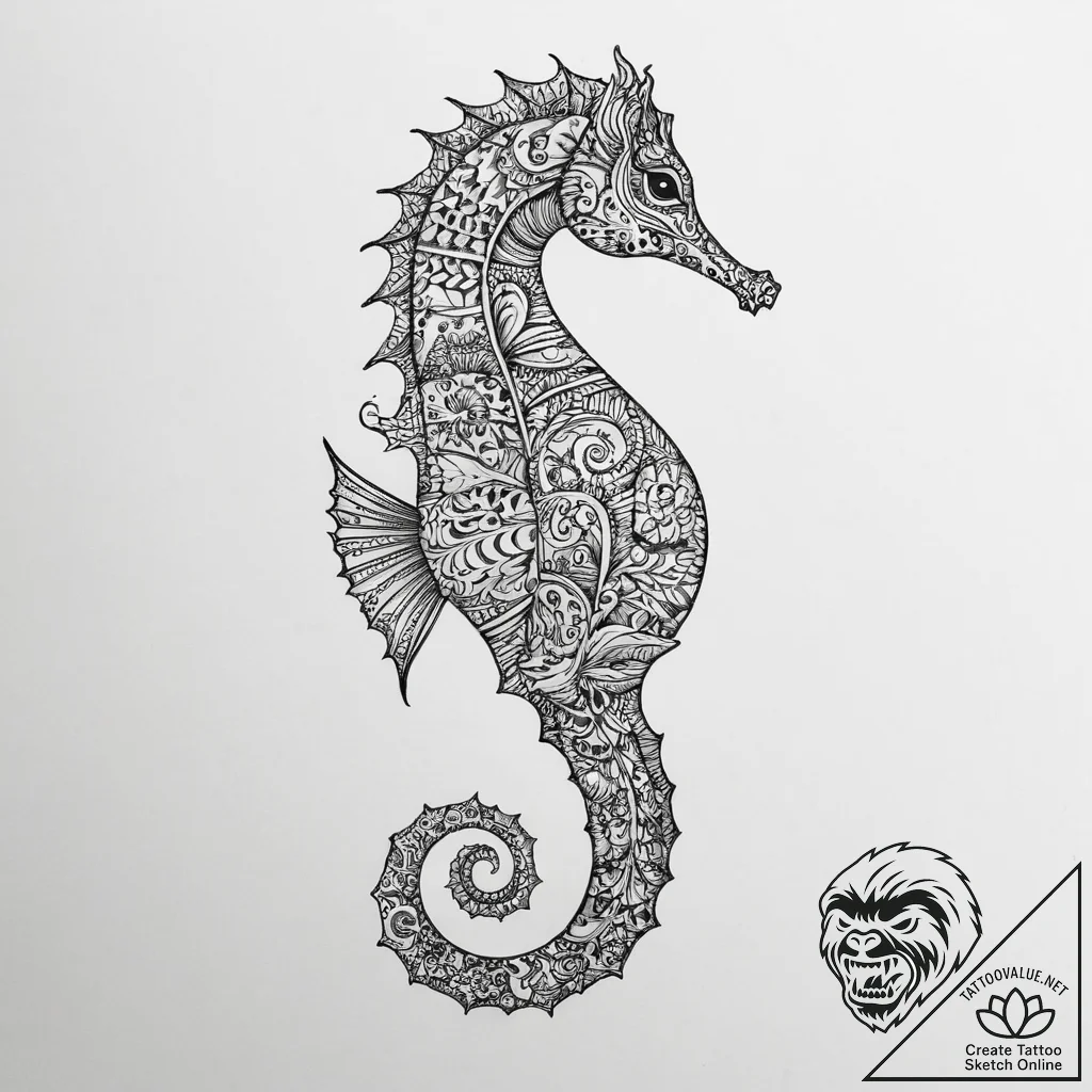 A seahorse with intricate patterns (is there,... - tattoo sketch (№1753971241_0, 31.07.2025 14:14) — tattoovalue.net
