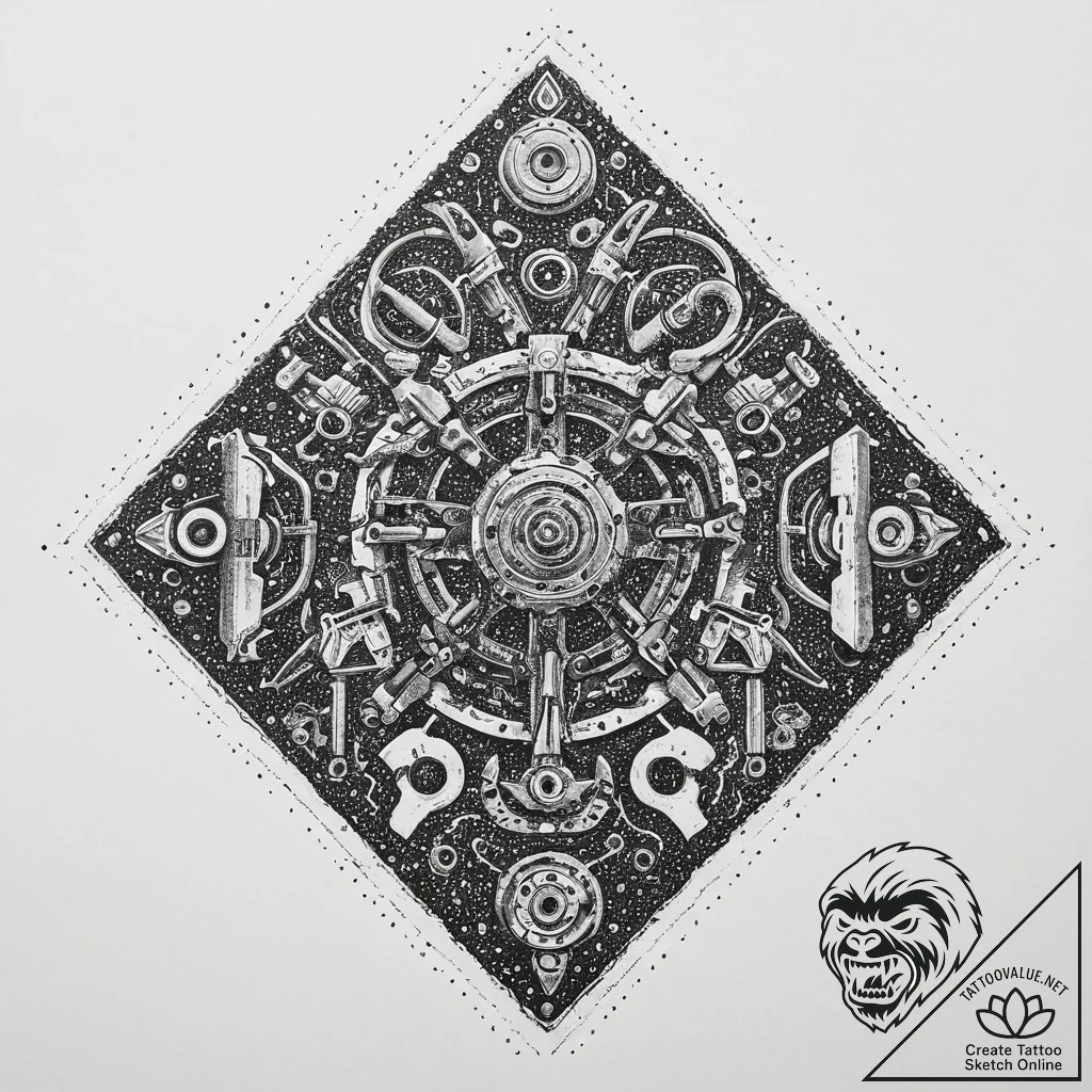 A mechanic's garage, with tools neatly organi... - tattoo sketch (№1753971629_0, 31.07.2025 14:20) — tattoovalue.net