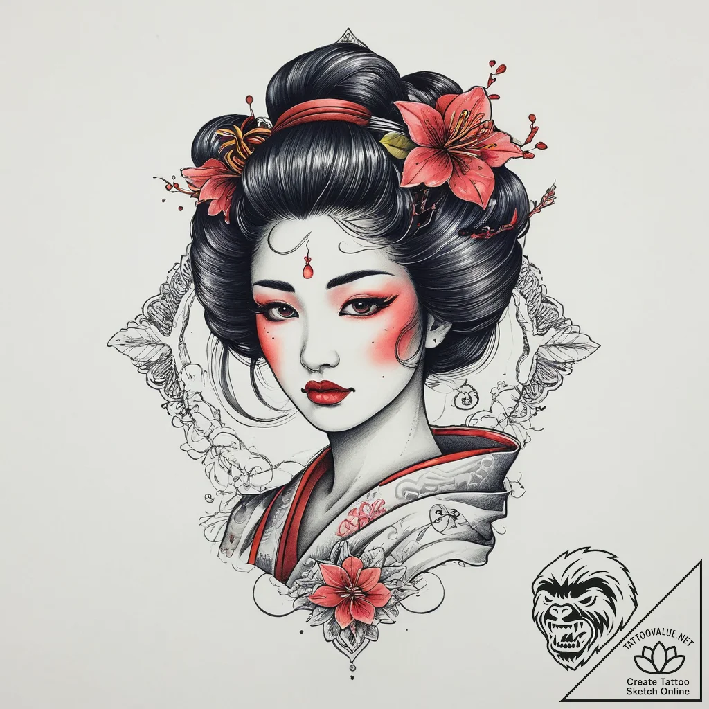 Geisha, tattoo flash sheet design, vibrant co... - tattoo sketch (№1753971828_0, 31.07.2025 14:23) — tattoovalue.net