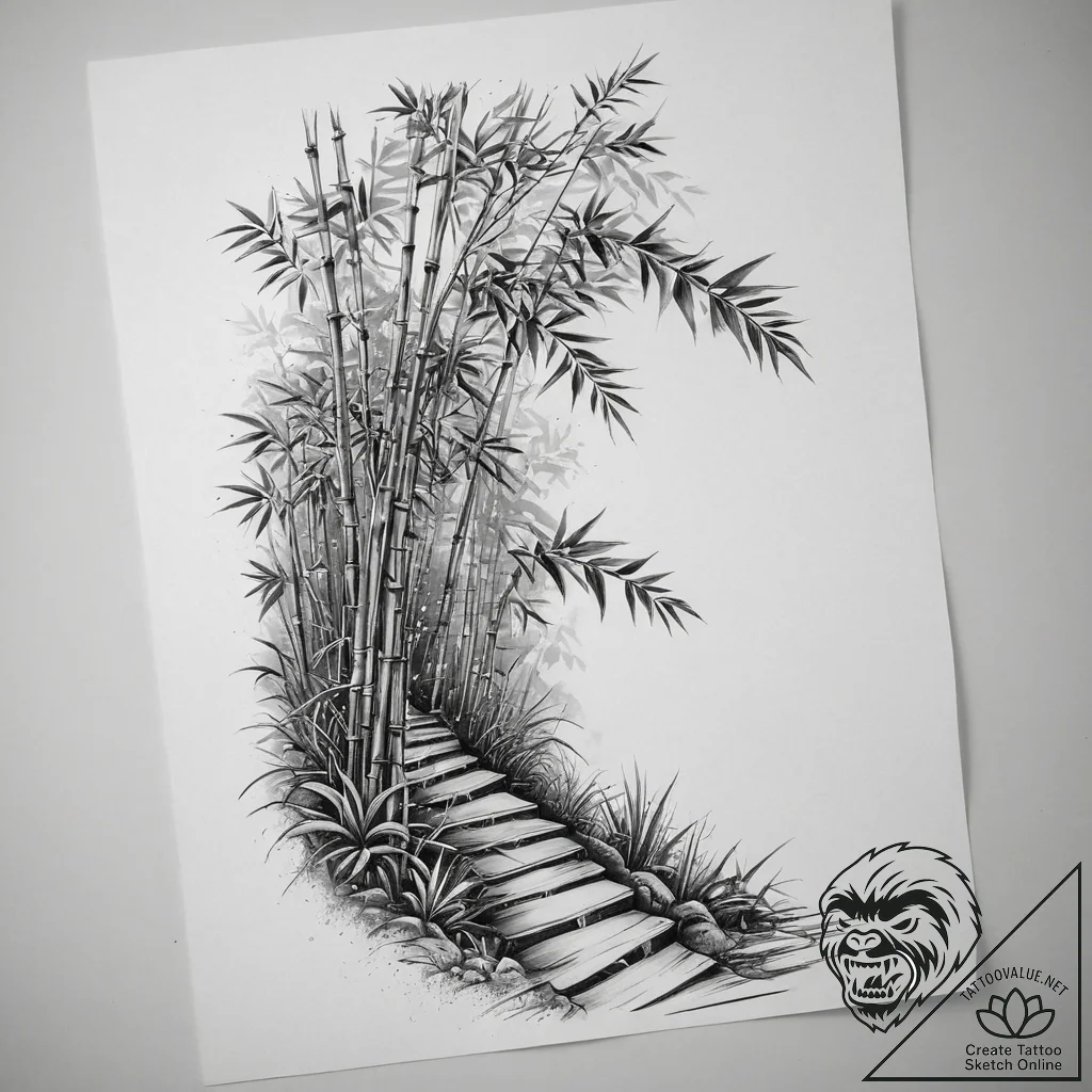 A path winding through a dense bamboo forest,... - tattoo sketch (№1753973207_0, 31.07.2025 14:46) — tattoovalue.net