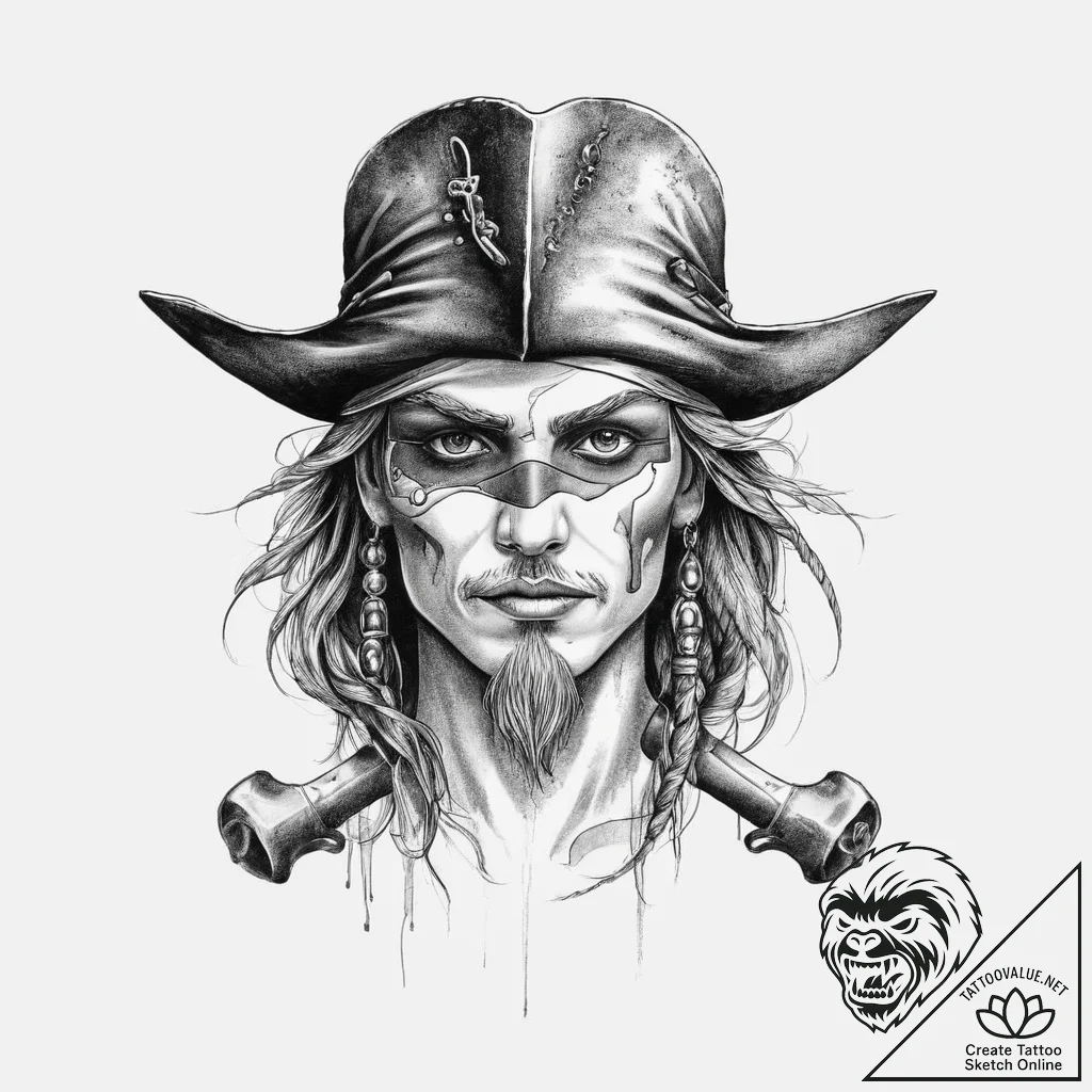 Pirate, ink illustration for tattoo, sketch t... - tattoo sketch (№1753974814_0, 31.07.2025 15:13) — tattoovalue.net