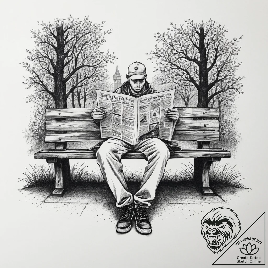 A person reading a newspaper on a park bench.... - tattoo sketch (№1753976027_0, 31.07.2025 15:33) — tattoovalue.net