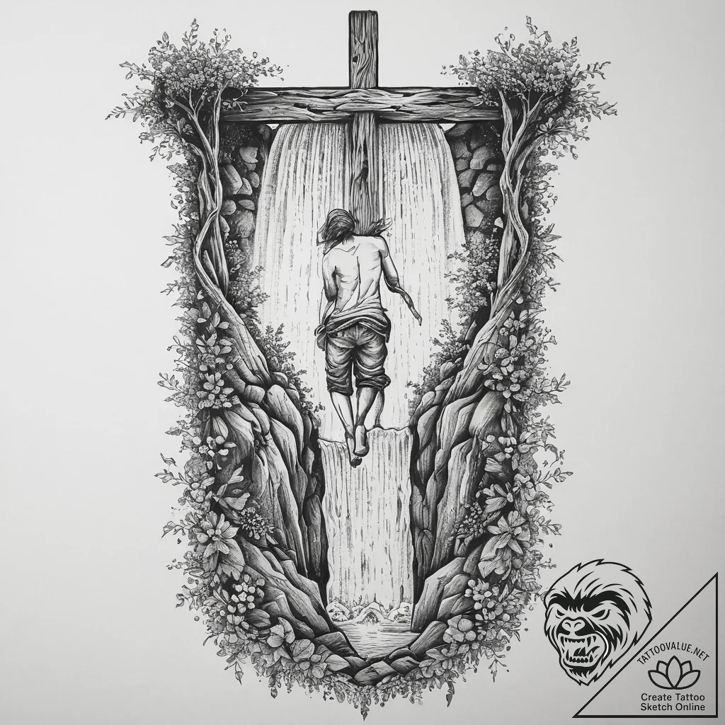 A person repelling down a waterfall., tattoo... - tattoo sketch (№1753976834_0, 31.07.2025 15:47) — tattoovalue.net