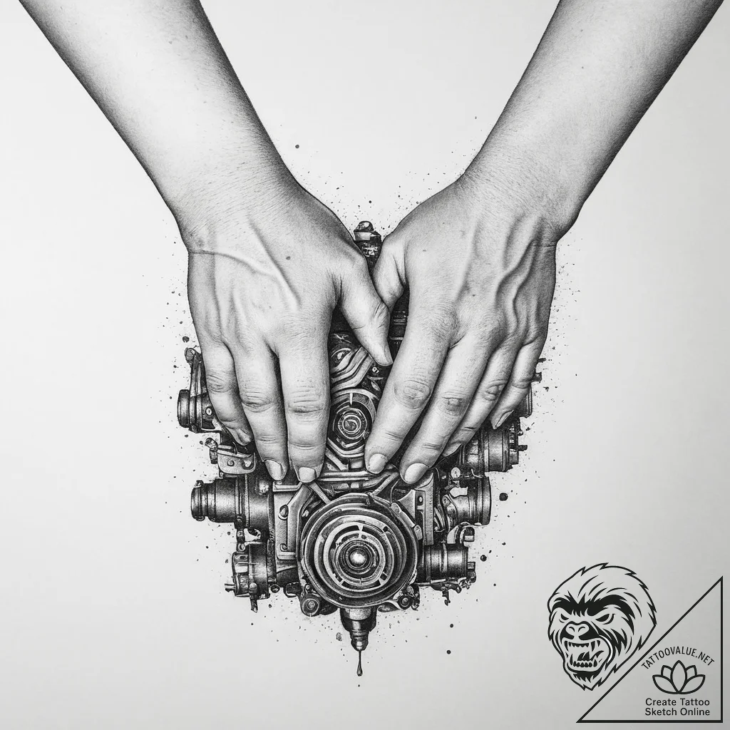 A person's hands covered in grease, working o... - tattoo sketch (№1753978031_0, 31.07.2025 16:07) — tattoovalue.net